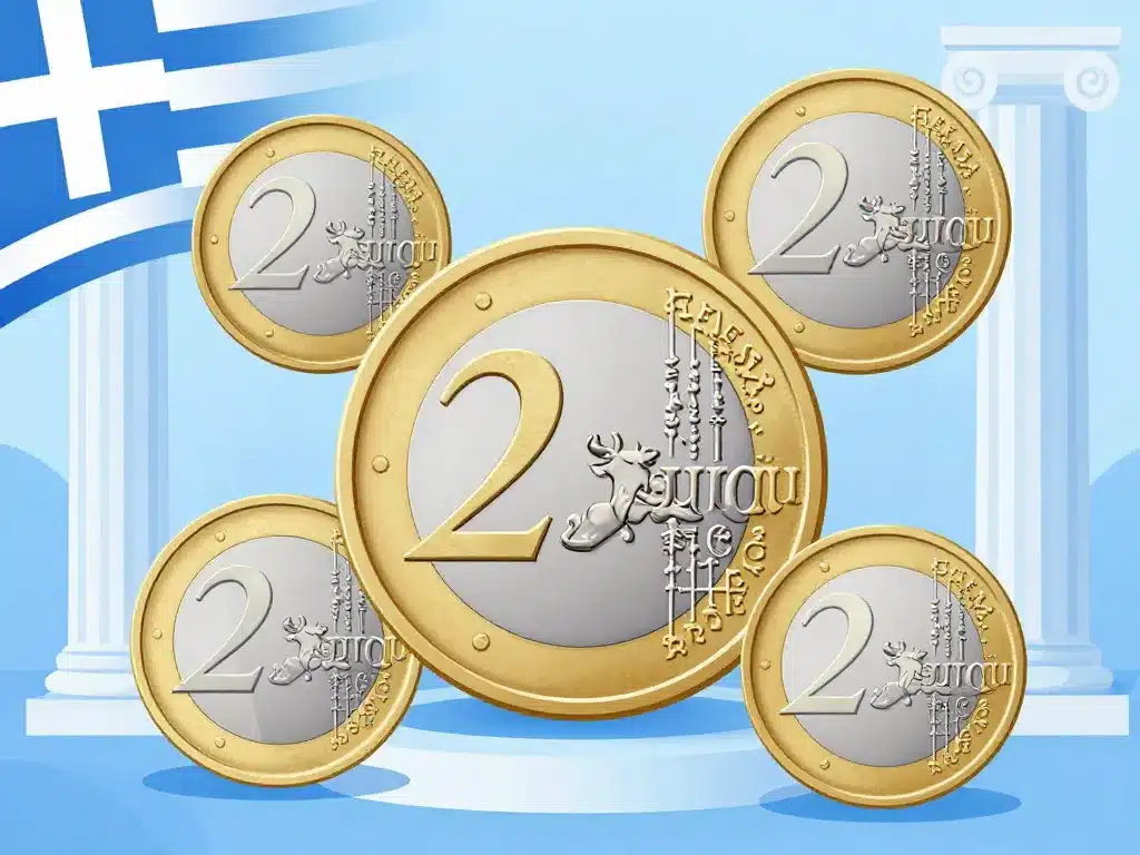 détail pièce grecque 2 euros avec symboles