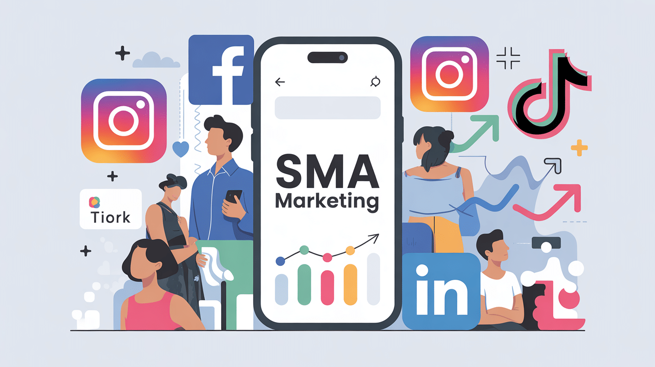 Illustration SMA marketing avec réseaux sociaux et smartphone