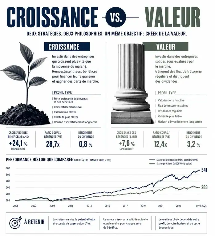 Comparaison des actions de croissance et actions de valeur pour investir en bourse