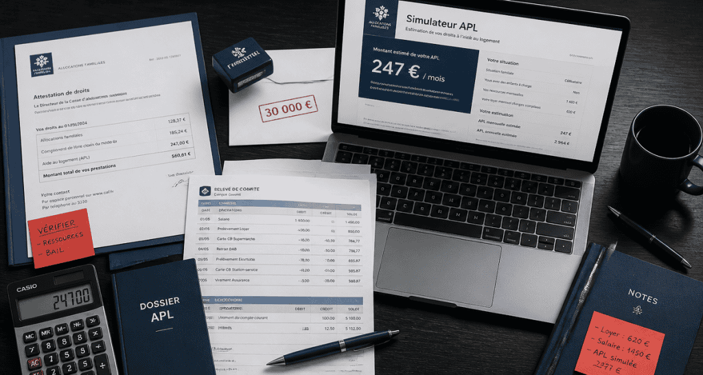 APL et epargne sur bureau avec documents CAF