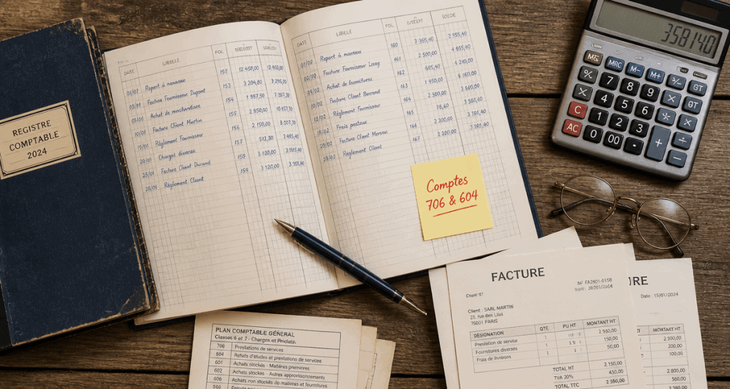 compte comptable prestation de service sur bureau avec registre et calculatrice