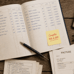 compte comptable prestation de service sur bureau avec registre et calculatrice