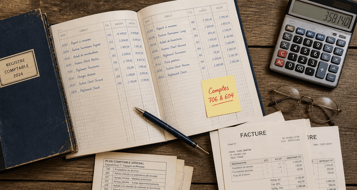 compte comptable prestation de service sur bureau avec registre et calculatrice