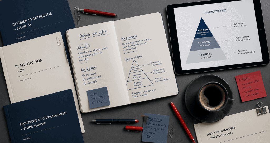 définir son offre, bureau organisé, carnet, schéma d’offre