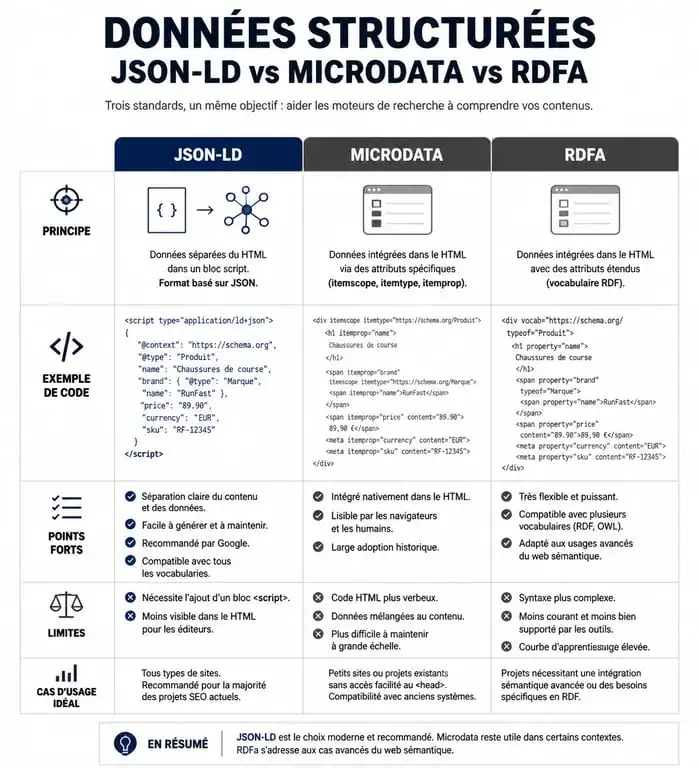 Comparatif des formats de données structurées SEO : JSON-LD, Microdata et RDFa