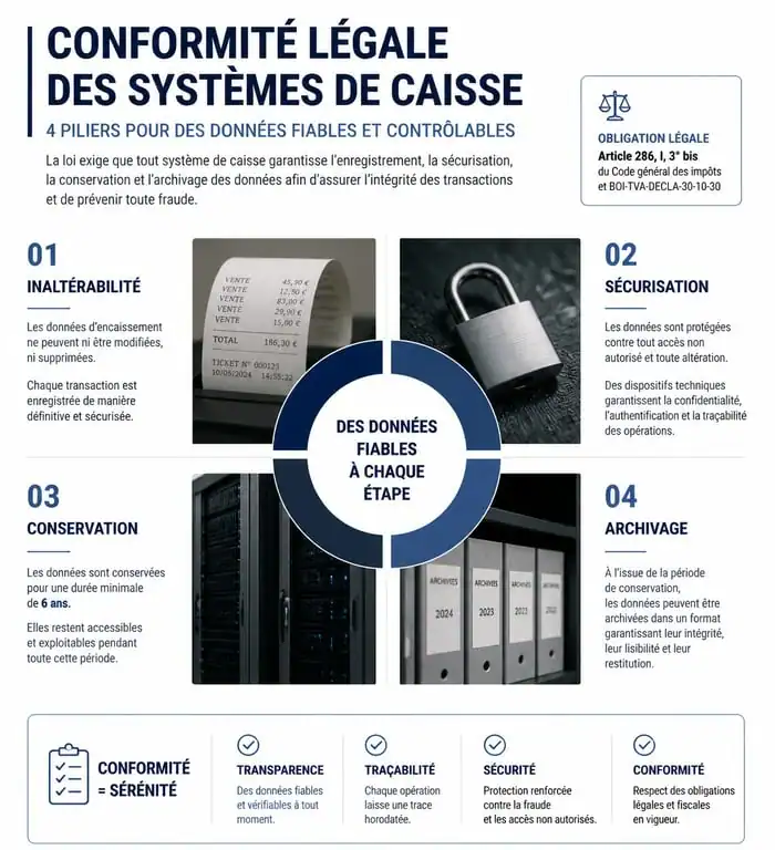 Infographie sur la conformité légale des systèmes de caisse d'enregistrement NF525 et LNE