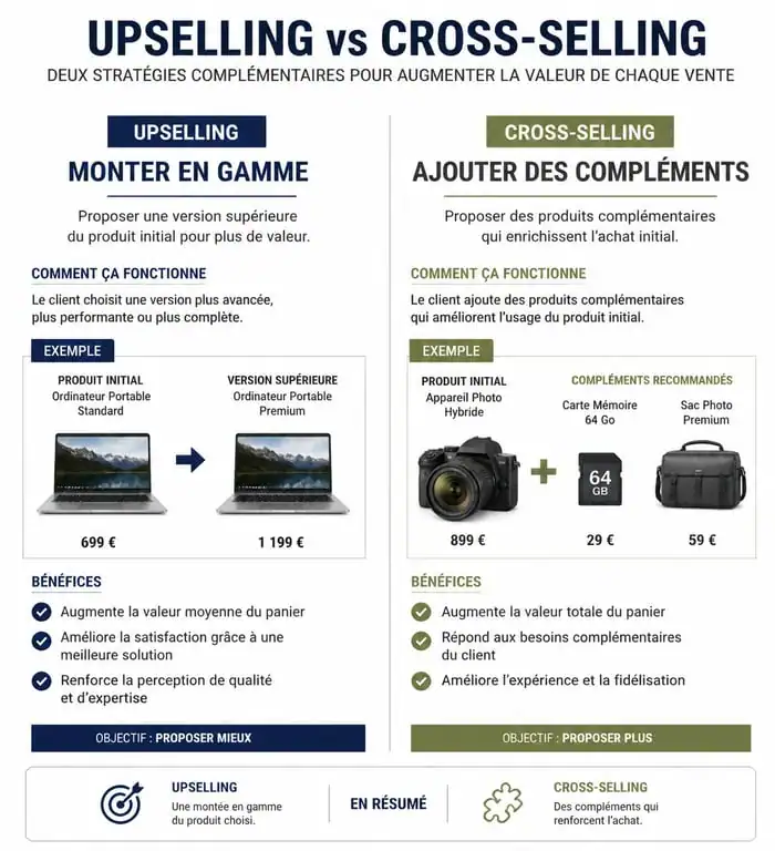 Infographie comparative entre upsell et cross sell pour le e-commerce