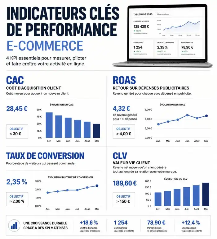 Infographie des principaux KPI e-commerce pour mesurer la performance de votre boutique en ligne