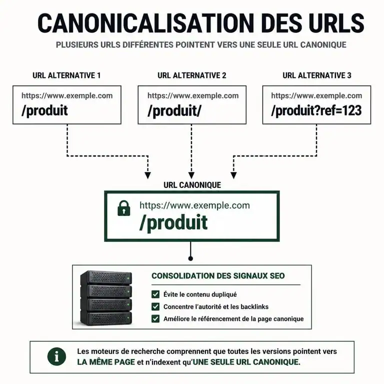 Schéma explicatif du fonctionnement de la balise canonical en SEO