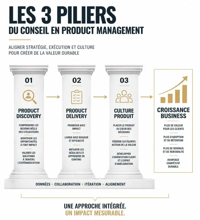 Infographie des piliers du conseil en product management : Discovery, Delivery et Culture