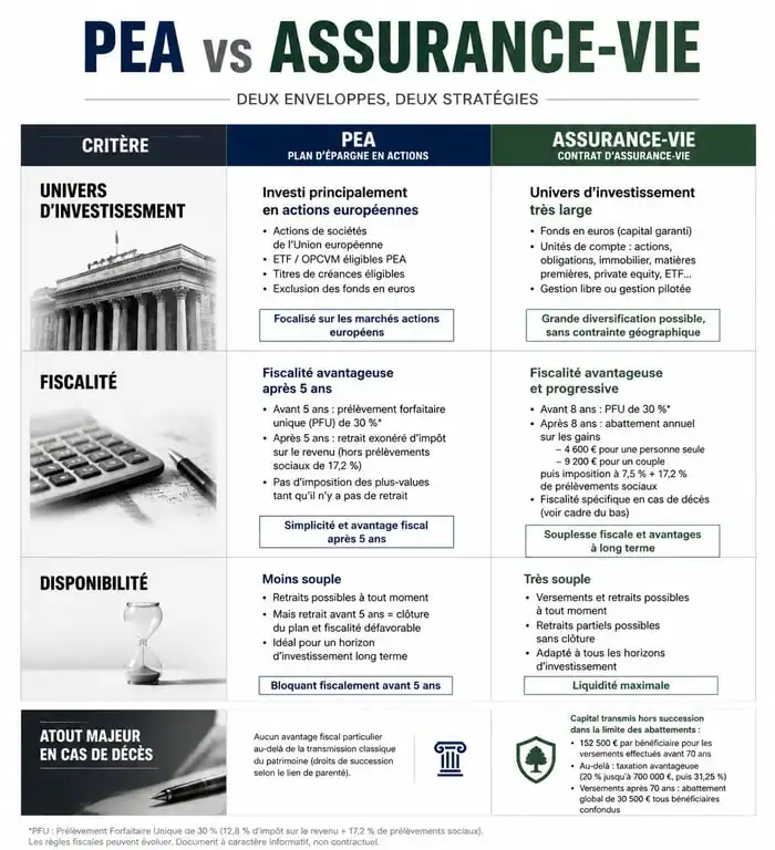 Infographie comparative PEA vs Assurance-Vie pour investir pour les nuls