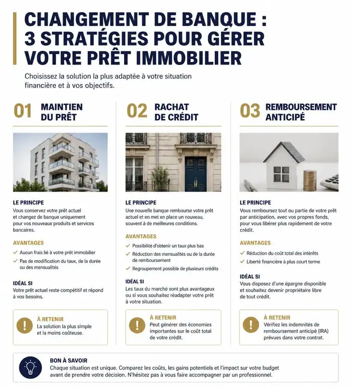 Infographie comparative des trois options pour changer de banque avec un prêt immobilier en cours