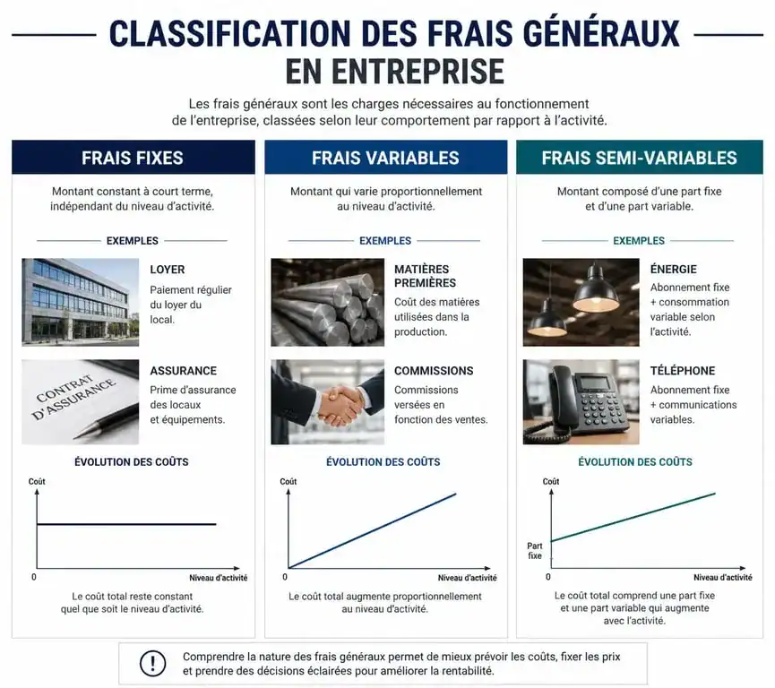Infographie sur la classification des frais généraux en entreprise : frais fixes, variables et semi-variables.