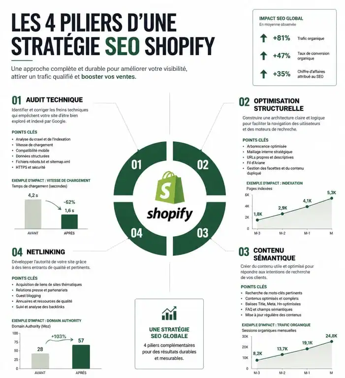 Infographie des 4 piliers d'une stratégie SEO Shopify efficace pour agence spécialisée