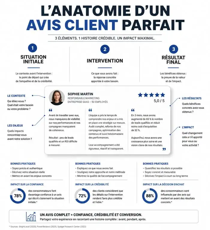 Infographie montrant l'anatomie d'un avis client satisfait pour améliorer sa réputation en ligne