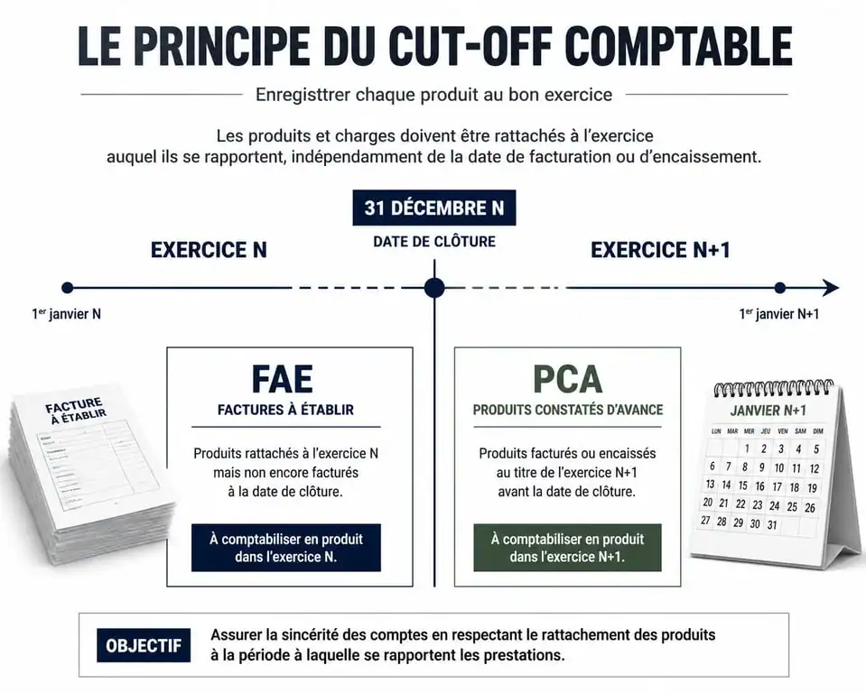 Schéma illustrant le principe de cut-off et la comptabilisation des factures à établir et produits constatés d'avance