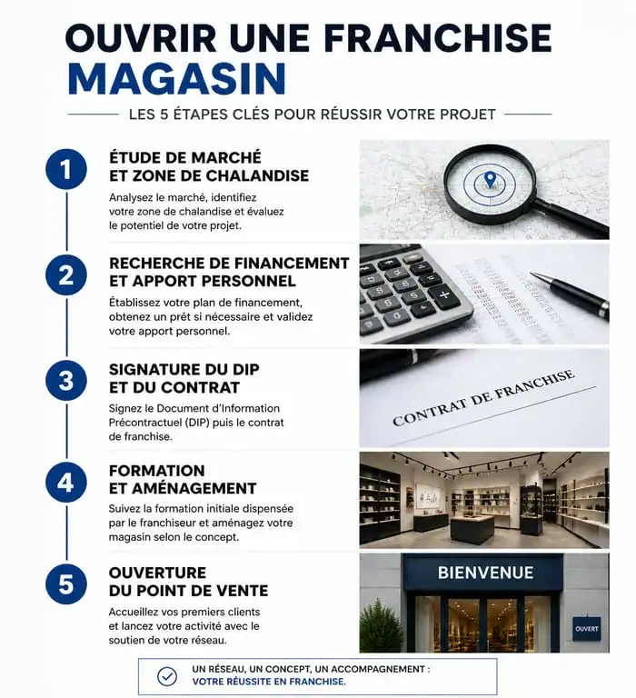 Infographie des étapes pour ouvrir une franchise magasin et réussir son projet entrepreneurial
