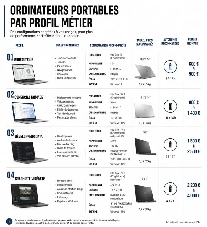 Infographie des configurations d'ordinateur portable pour travailler selon le profil métier