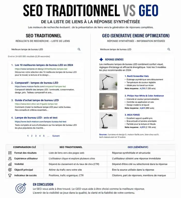 Infographie comparative entre le SEO traditionnel et le référencement ChatGPT (GEO) pour optimiser sa visibilité dans les moteurs de réponse.