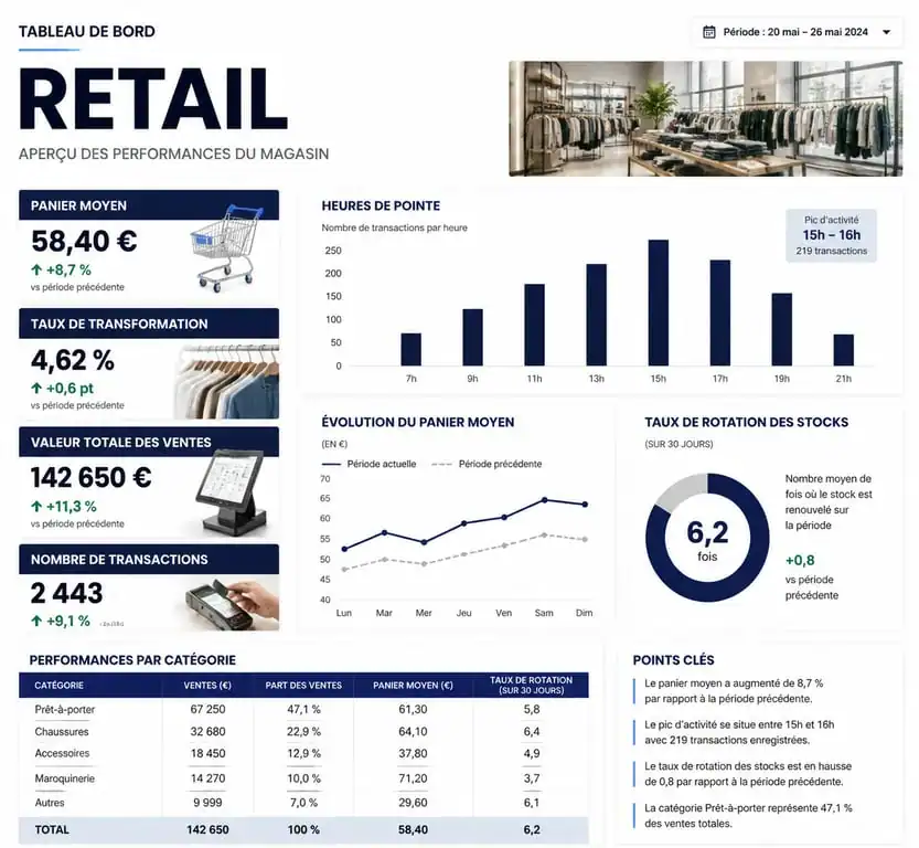 Infographie des indicateurs de performance pour une caisse enregistreuse commerce de détail
