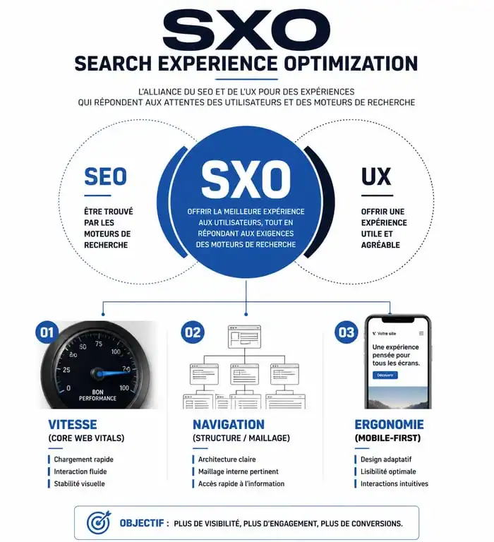 Schéma explicatif du SXO : l'intersection entre SEO et UX pour une meilleure visibilité