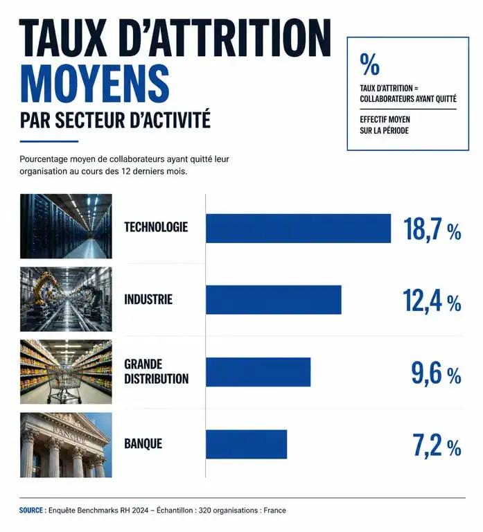 Infographie des taux d'attrition moyens par secteur d'activité pour le calcul du taux d'attrition en entreprise