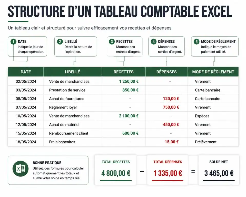 Structure d'un tableau comptable Excel gratuit pour la gestion financière