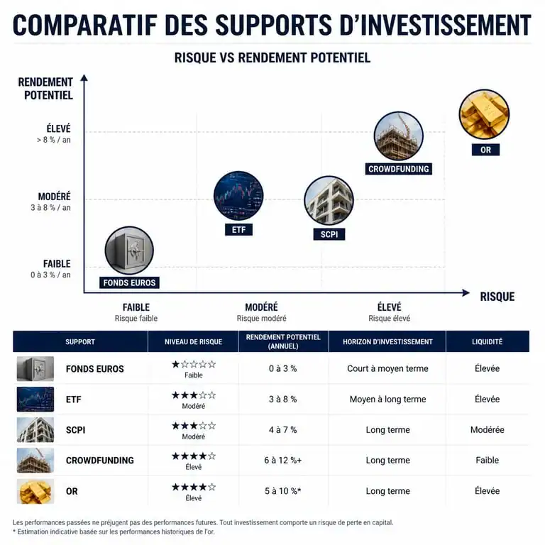 Infographie comparative des placements pour investir 10000 euros selon le risque et le rendement