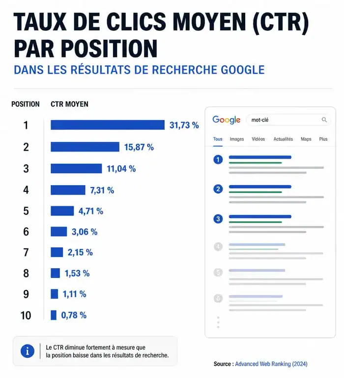 Infographie montrant le CTR moyen par position SEO dans les résultats Google