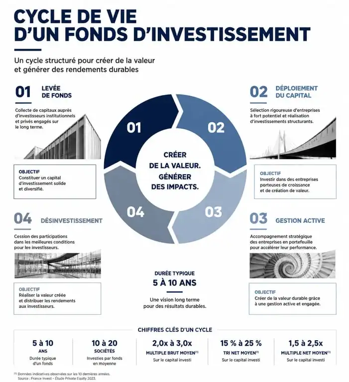 Schéma du cycle de vie d'un fonds d'investissement : de la levée de fonds à la liquidation