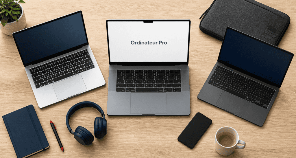 Ordinateur portable pour travailler avec accessoires sur bureau