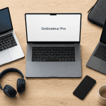 Ordinateur portable pour travailler avec accessoires sur bureau