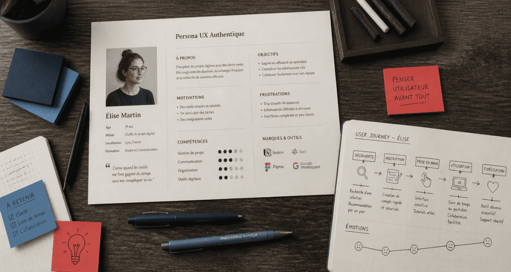 Vue flat-lay persona UX sur bureau designer