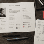 Vue flat-lay persona UX sur bureau designer