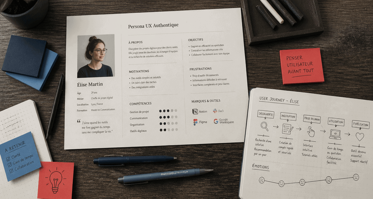 Vue flat-lay persona UX sur bureau designer