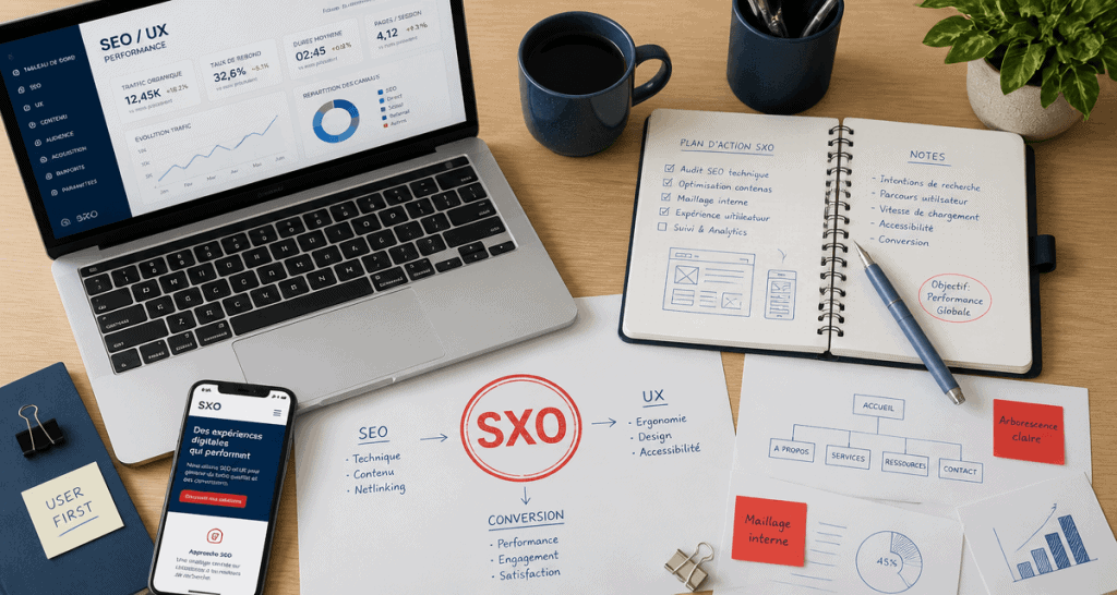 seo ux flat-lay bureau moderne