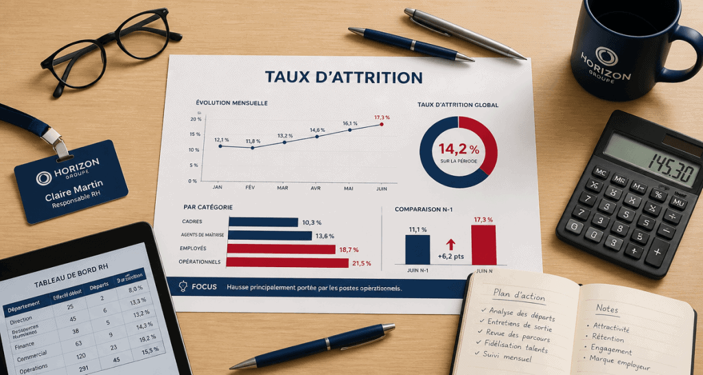 Graphique taux attrition sur bureau RH moderne