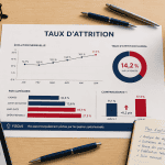 Graphique taux attrition sur bureau RH moderne