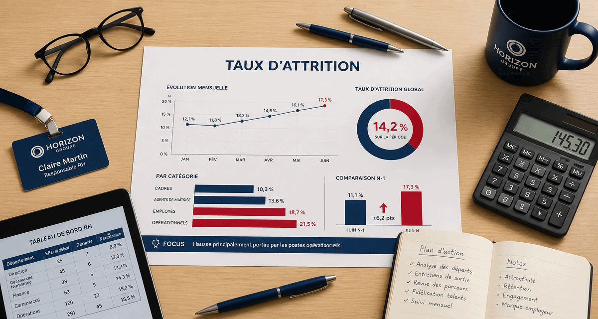Graphique taux attrition sur bureau RH moderne