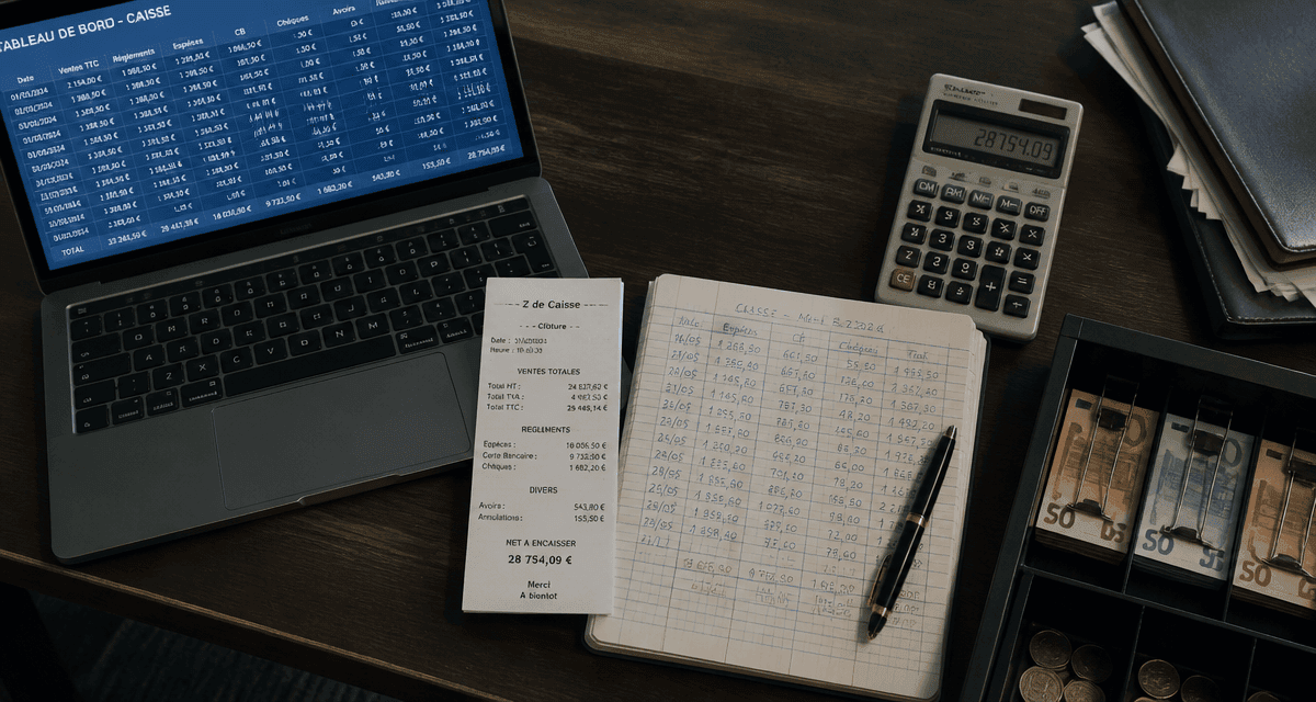 z de caisse sur bureau commerçant avec calculatrice et carnet