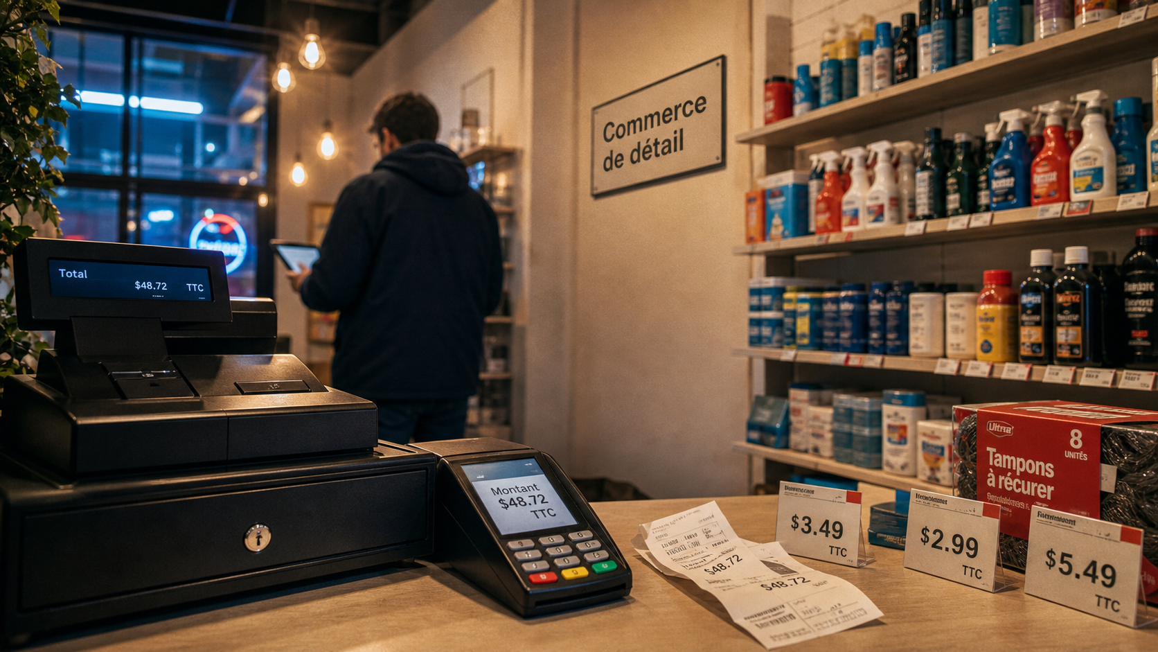 Définition commerce de détail : boutique avec caisse et étiquettes prix