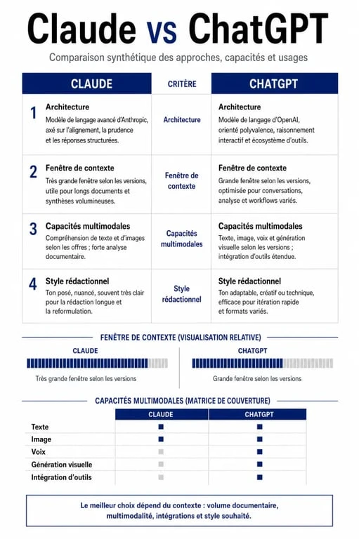 Infographie comparative entre Claude et ChatGPT pour choisir la meilleure IA