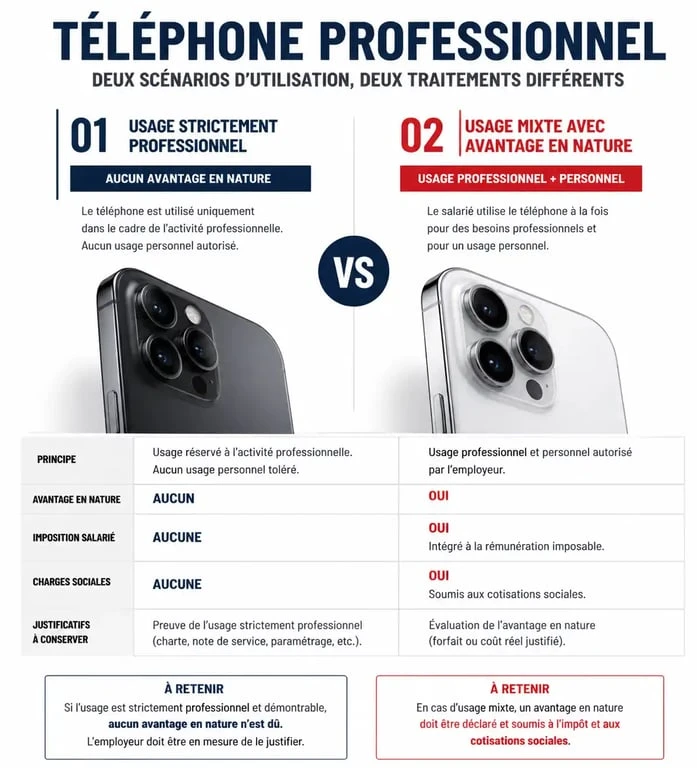 Infographie sur la fiscalité et les règles de mise à disposition d'un téléphone portable professionnel en entreprise