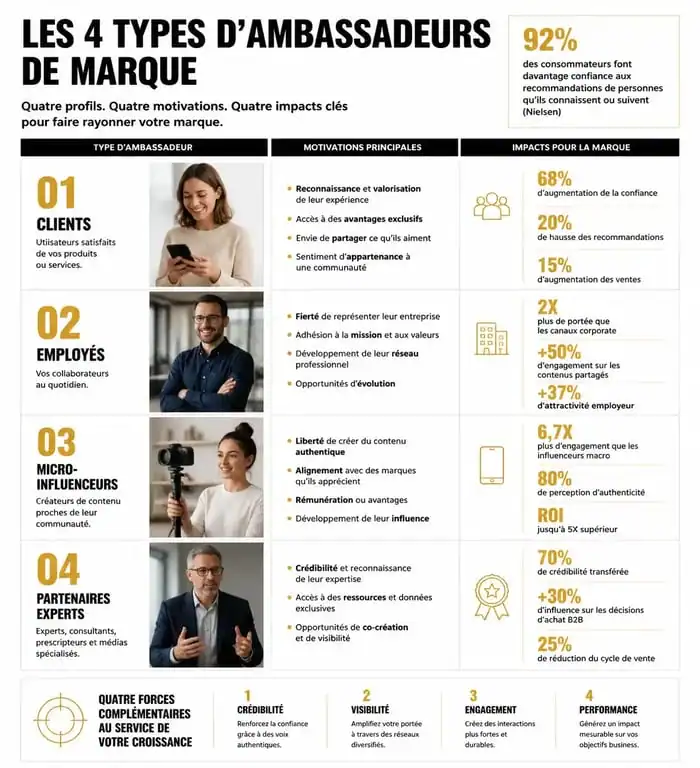 Infographie sur les types d'ambassadeurs de marque pour une stratégie de brand advocacy efficace