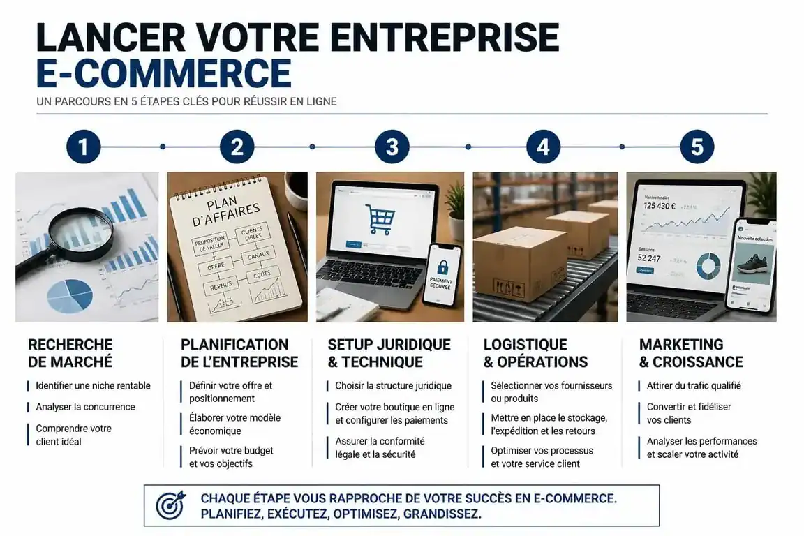 Infographie des étapes pour se lancer dans le e-commerce : étude de marché, business plan, juridique, logistique et marketing.