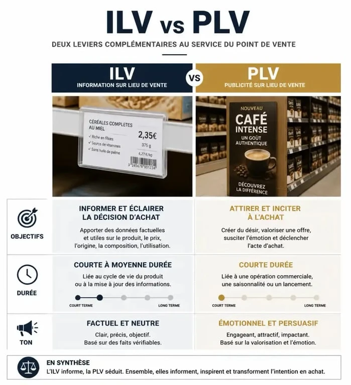 Infographie comparative entre l'ILV et la PLV pour comprendre les différences en magasin