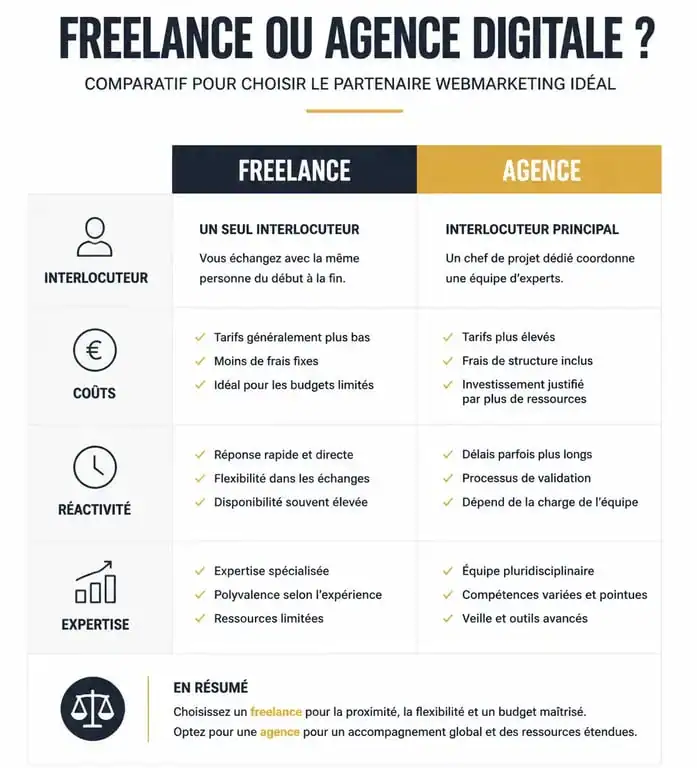 Tableau comparatif entre un expert webmarketing freelance et une agence digitale pour choisir son prestataire.