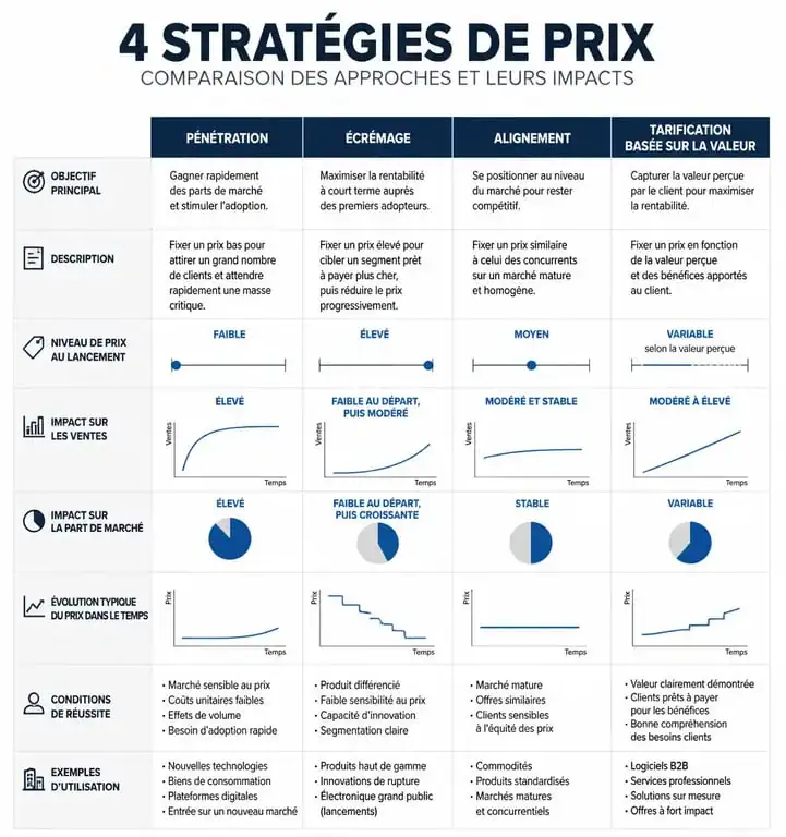 Infographie comparative des différentes stratégies de prix : pénétration, écrémage et valeur