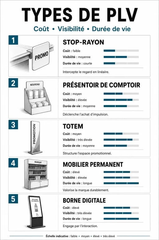Infographie comparative des différents types de PLV pour exemple de plv en magasin