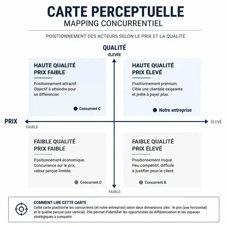 Schéma de mapping concurrentiel illustrant le positionnement d'une entreprise sur un marché selon le prix et la qualité.